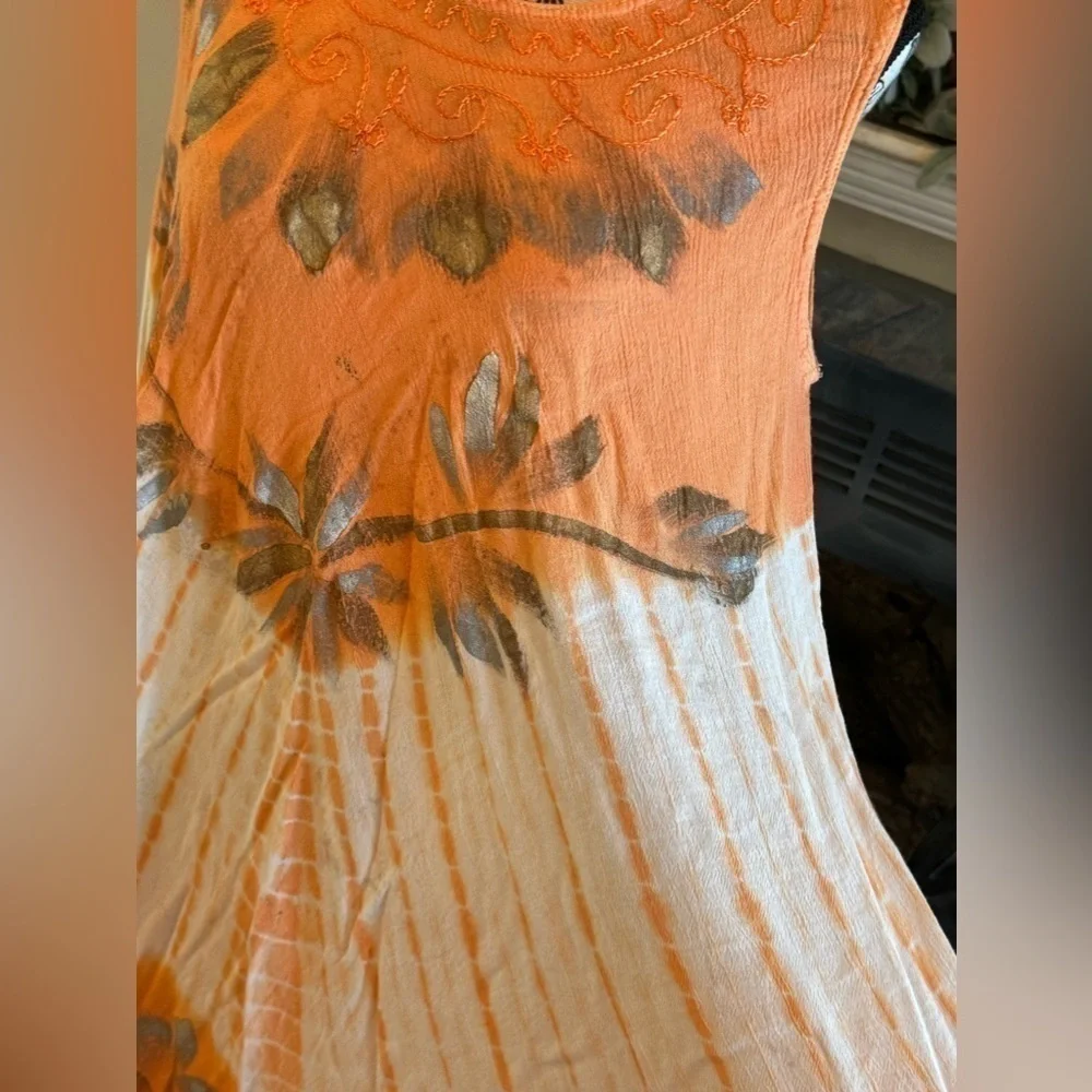 Vintage 90s Hand Painted Embroidered Tie Dye Umbrella Dress Orange Sleeveless - Picture 5 of 8